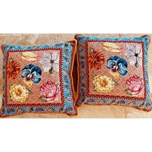 CROSS STITCH Toss Pillows Multi-Colored Floral Motifs 13" x 13" Set of 2